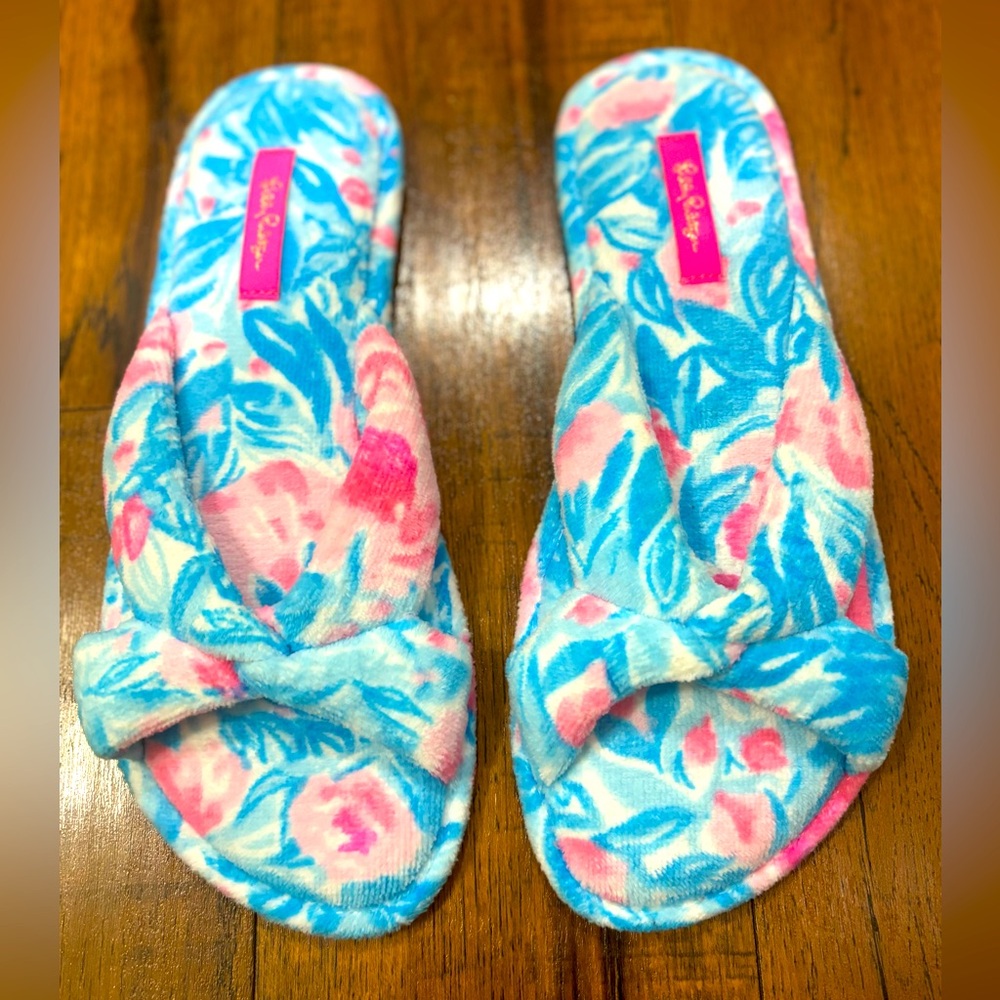 Lilly Pulitzer Velour Terry Slippers My Little Peony Floral Preppy Resortwear